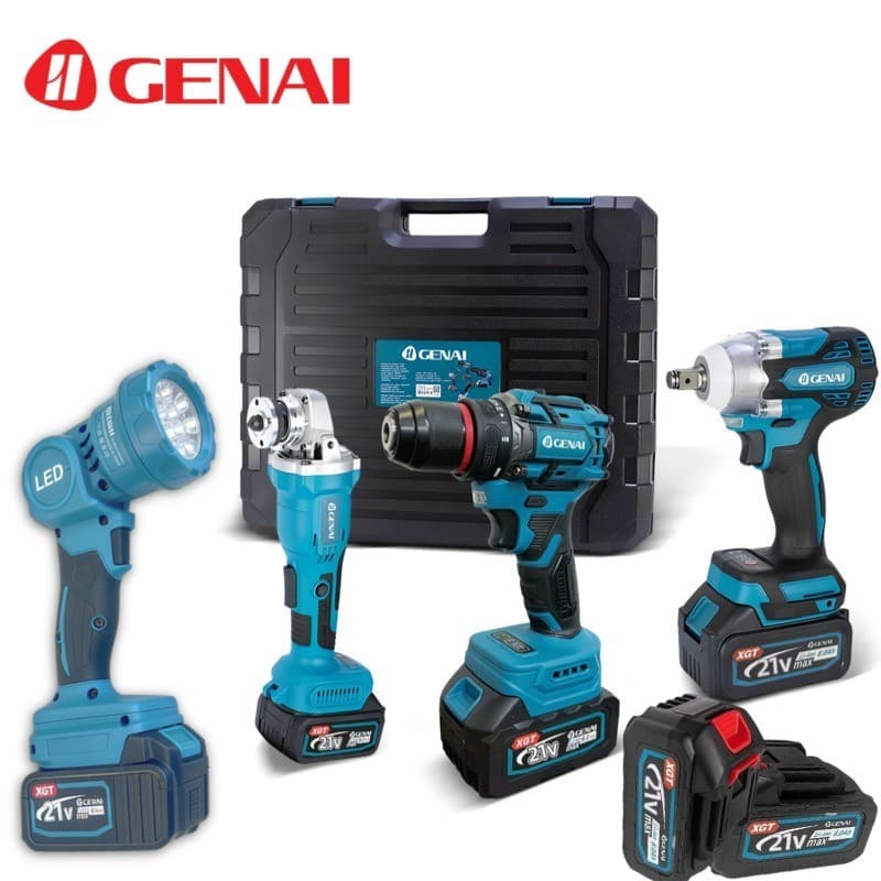 Conjunto de 4 peças furadeira elétrica sem escova 21v + chave + rebarbadora + luz