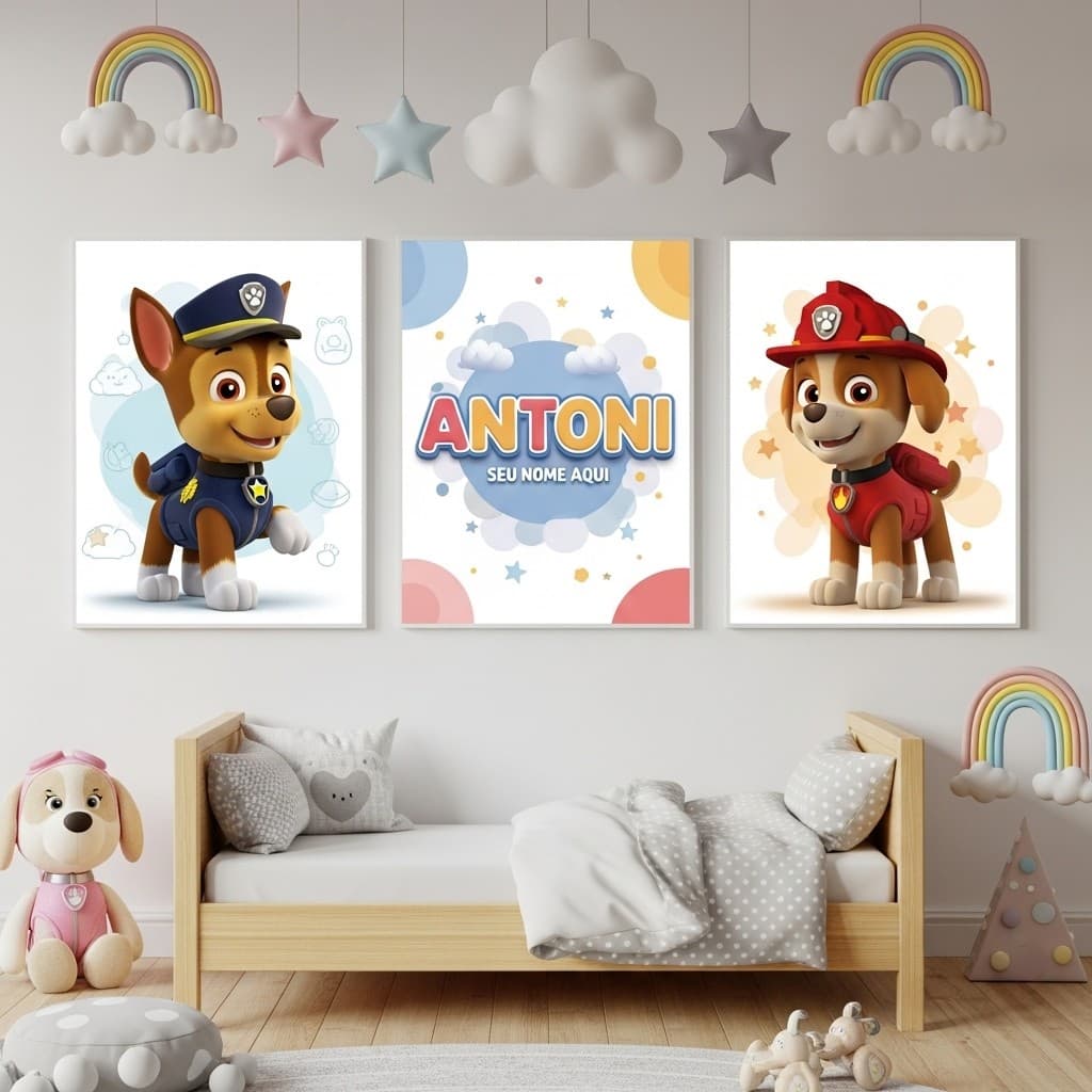 Quadro Infantil Personalizado Patrulha Canina com Nome 3 Peças Decoração Quarto Bebê Menino