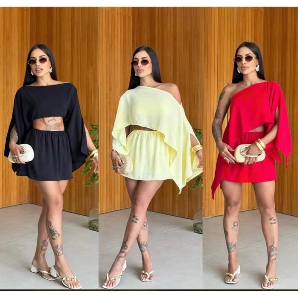 Conjunto Dunas Feminino 3-Três Peças Short Saia Blusa Capa| Elegante, Moderno E Casual.
