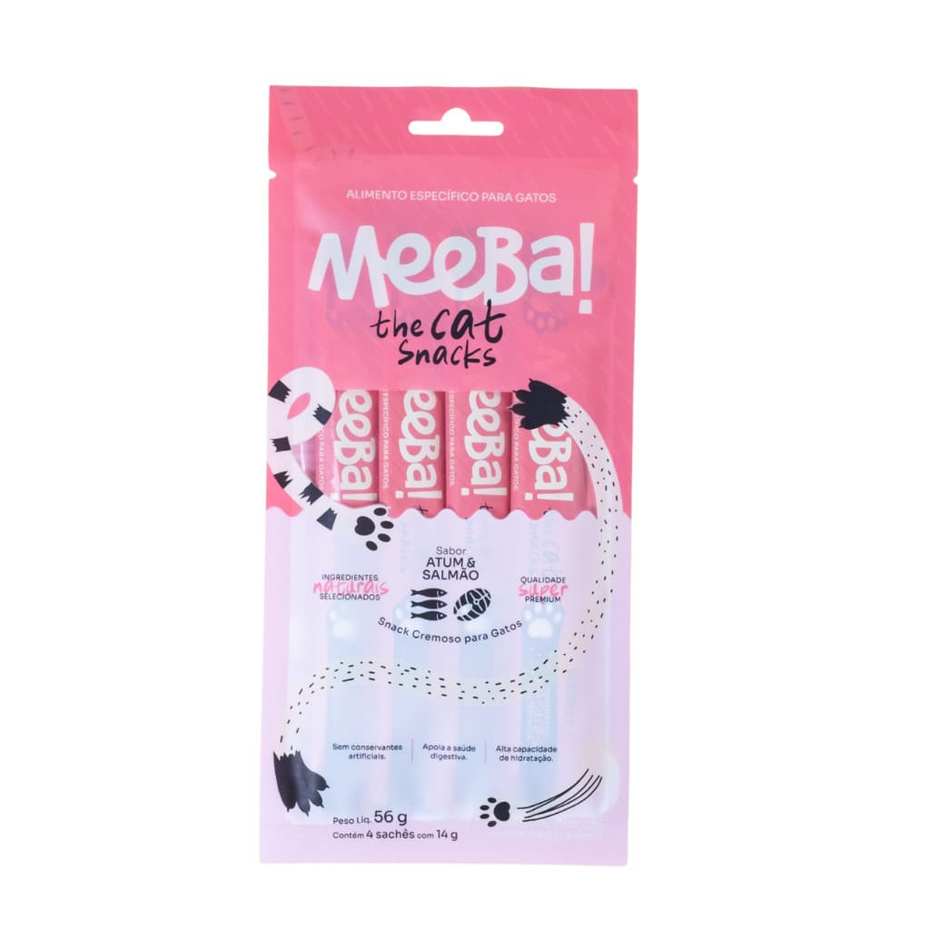 Petisco Stick Natural Úmido para Hidratação Gatos Meeba Snack Atum E Salmão 4 Sachês 14g