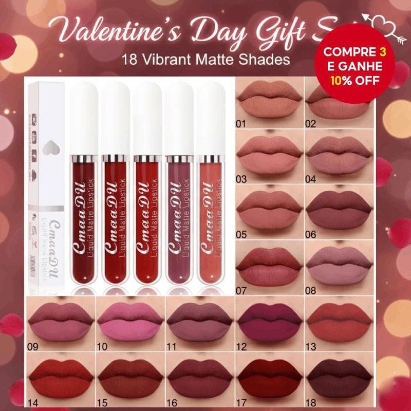 CMaaDu Batom Matte de 18 Cores, À Prova D'Água, Longa Duração, Não Gruda no Copo, Maquiagem Glamourosa para o Dia dos Na