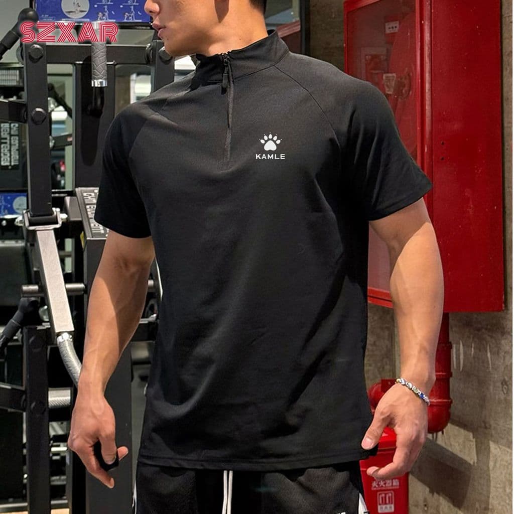 KE Fitness Homens de Manga Curta Verão Solto Camiseta Esportiva Correndo Ciclismo Top Americano Meio Zíper Terno de Trei