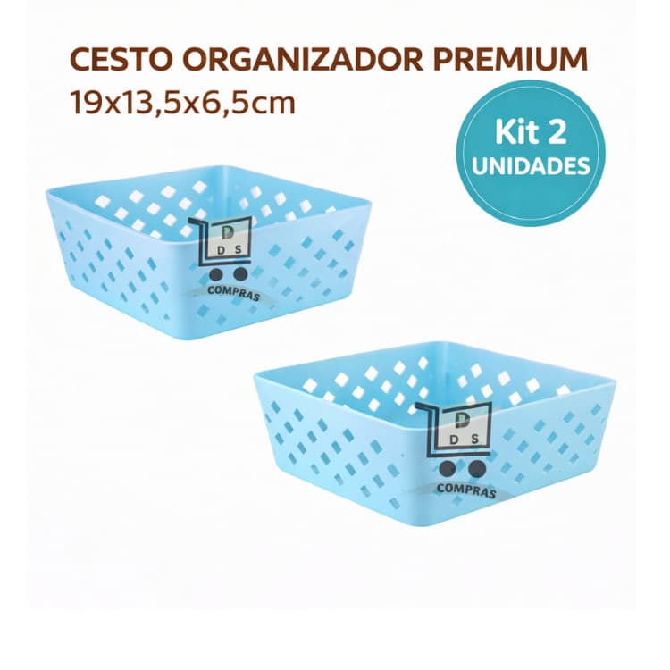 Kit 2 Cesto Organizador Multiuso Premium Azul 19x13,5x6,5cm Armario Gaveta Geladeira Banheiro Cozinha Lavandeira