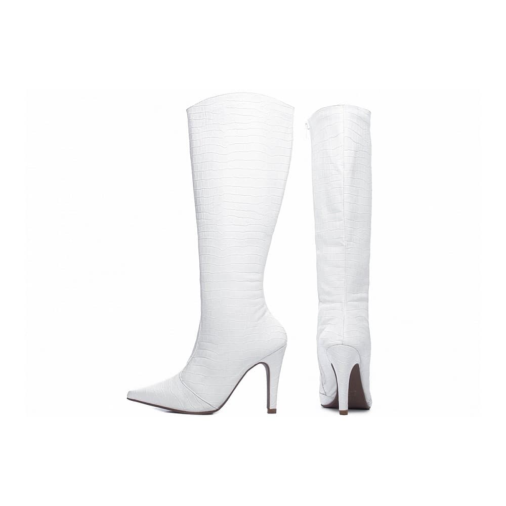 Bota Bico Fino Feminina Salto Fino Cano Longo Couro Croco
