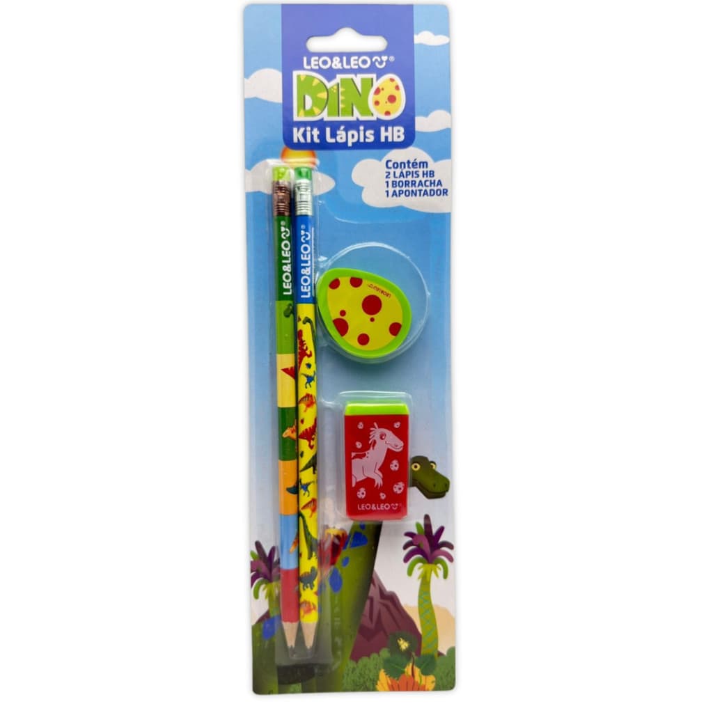 Kit Escolar 4 Peças Lápis HB Apontador Borracha Dino Papelaria Escolar Infantil