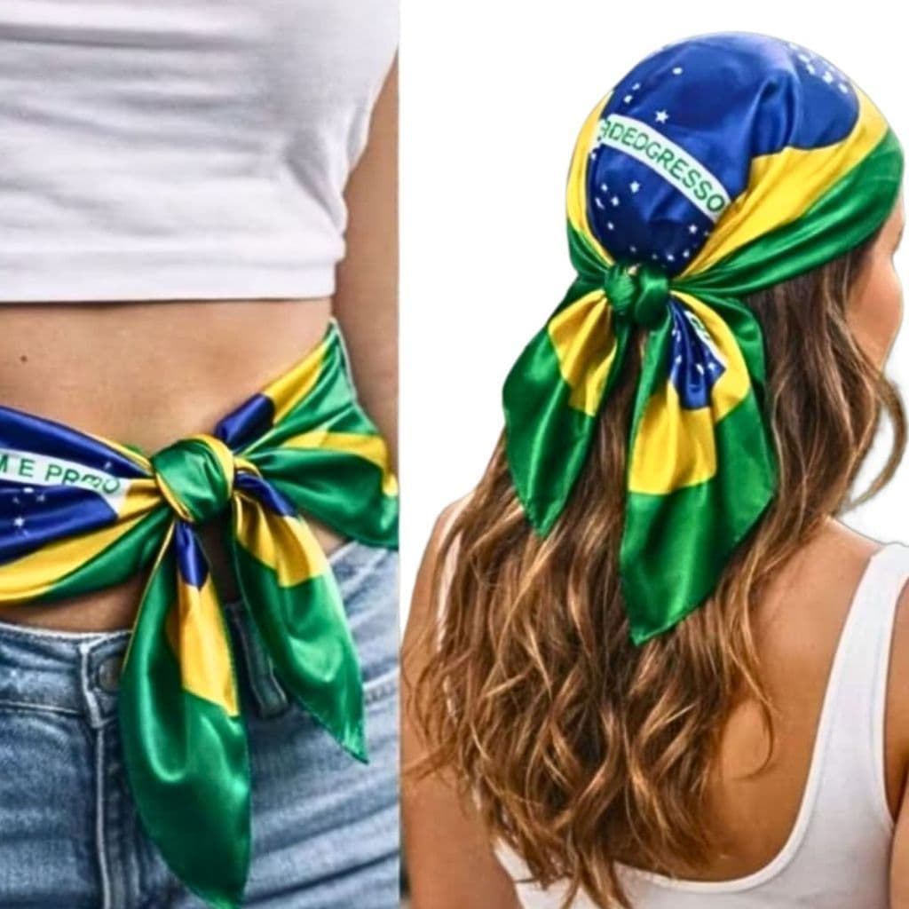 Lenço Bandana Bandeira do Brasil Cetim Feminino Multiuso Copa 2026