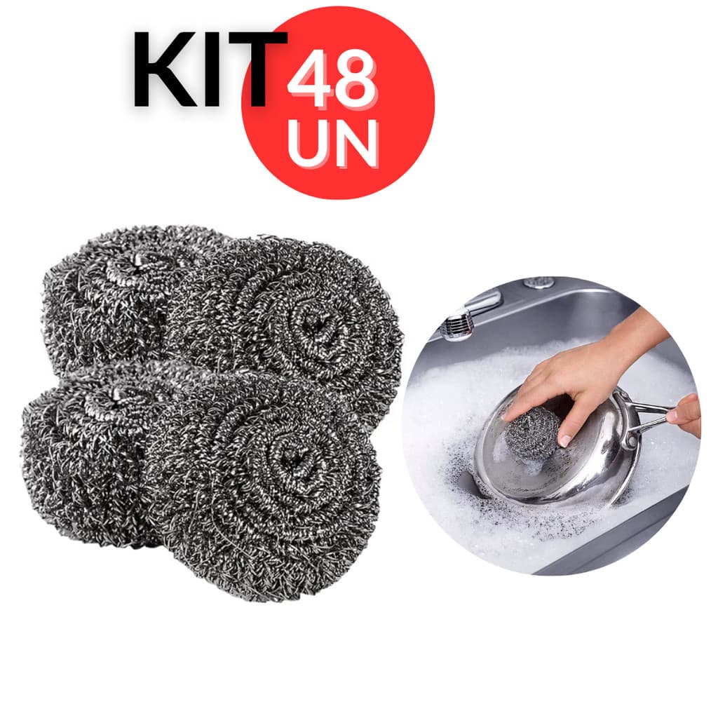 Kit Esponja de Aço Inox Não Enferruja Limpeza Pesada Panelas Grelhas Churrasqueira Kit 12 24 48