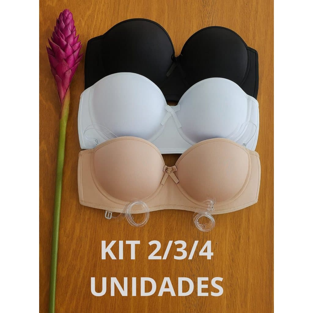 KIT 2/3/4 Sutiã Tomara que Caia Pala com Bojo Confortável  Sem Alças Prático  Dia a Dia Acompanha 1 Alça de Silicone