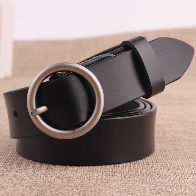 Cinto preto feminino largo couro genuíno simples All-Match coreano Casual fivela redonda pino fivela senhoras cinto Jean