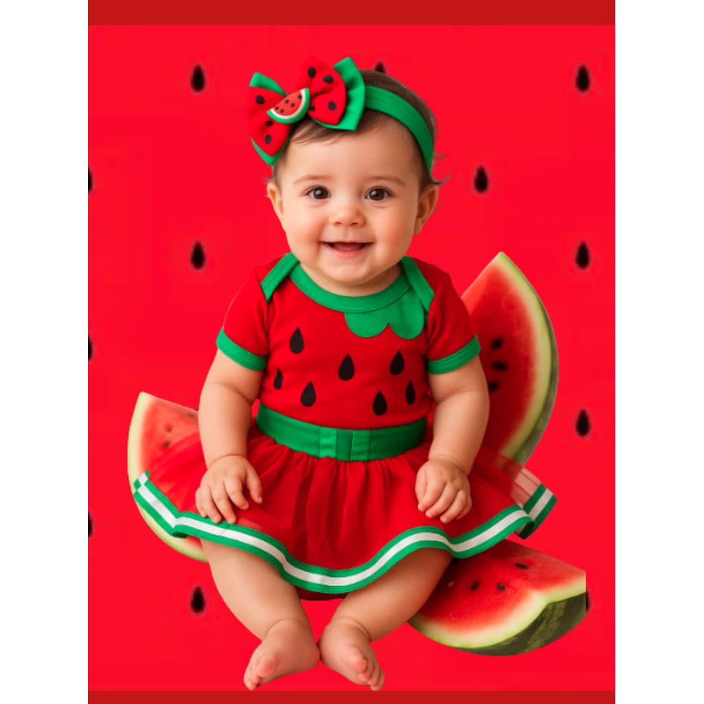 Body Infantil Bebê Melancia + saia tule + laço- Look Frutinha para Bebês, Tamanhos Promoção