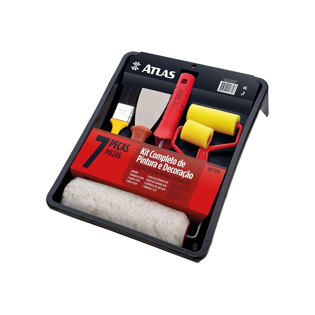 Kit de Pintura Atlas 7 Peças Ref 1016 Rolo Bandeja Trincha Pincel Espátula Completo