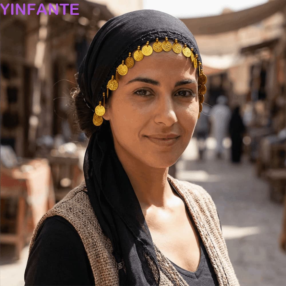 Acessórios Para Dança Do Ventre YINFANTEWN , Lenço De Moeda De Crochê Com Véu , Chapéu De Fantasia De Padrão Étnico