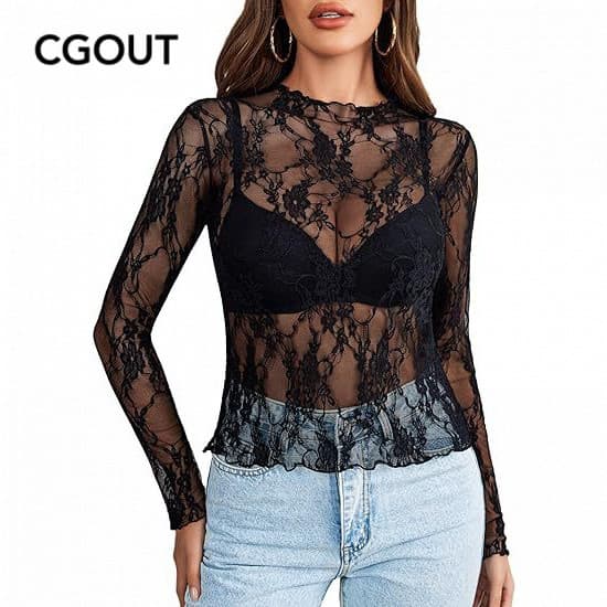 Top feminino de renda manga comprida transparente com renda Floral