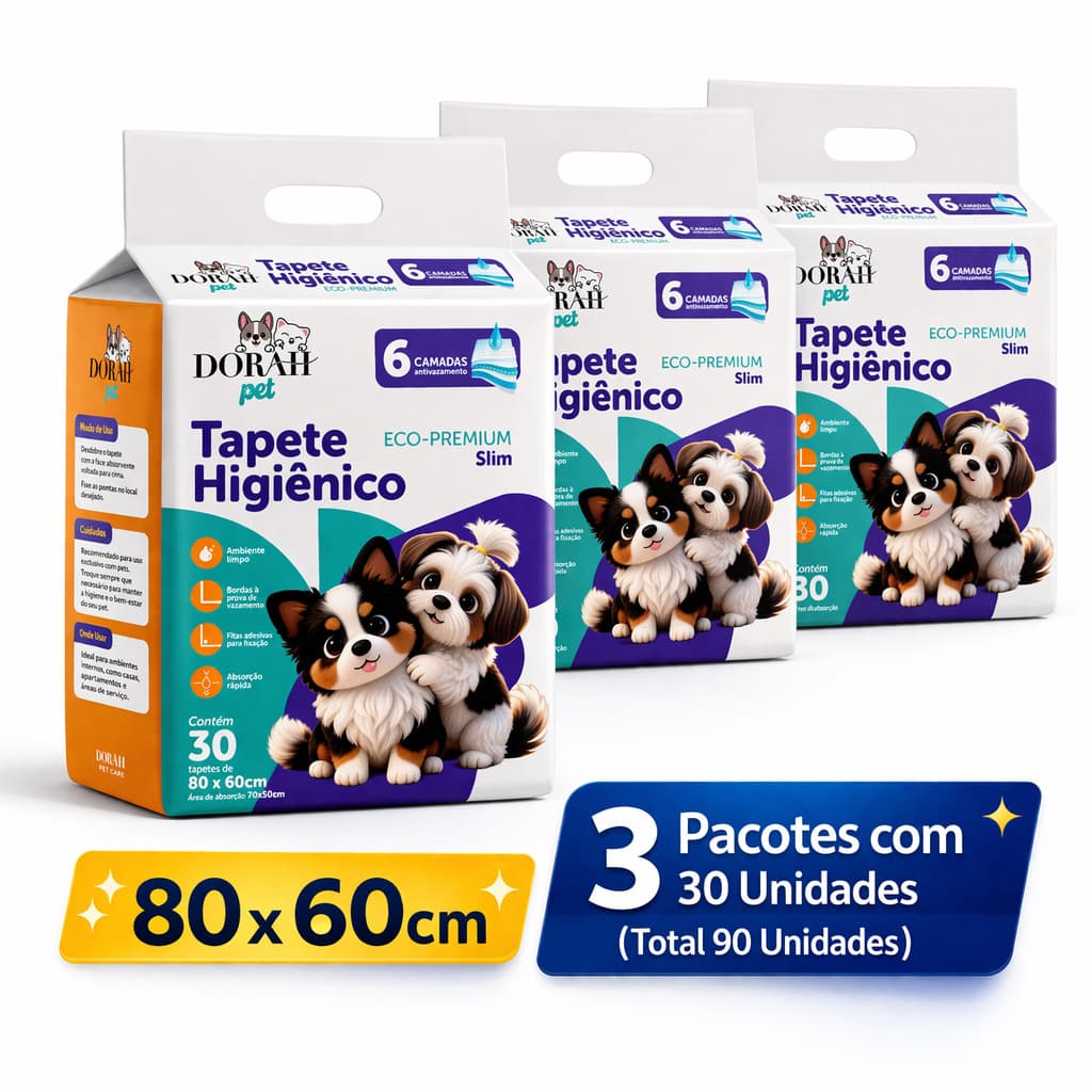 3x Tapete Higiênico Grande 80x60cm 30un Dorah - Pensando no bem-estar do seu Pet