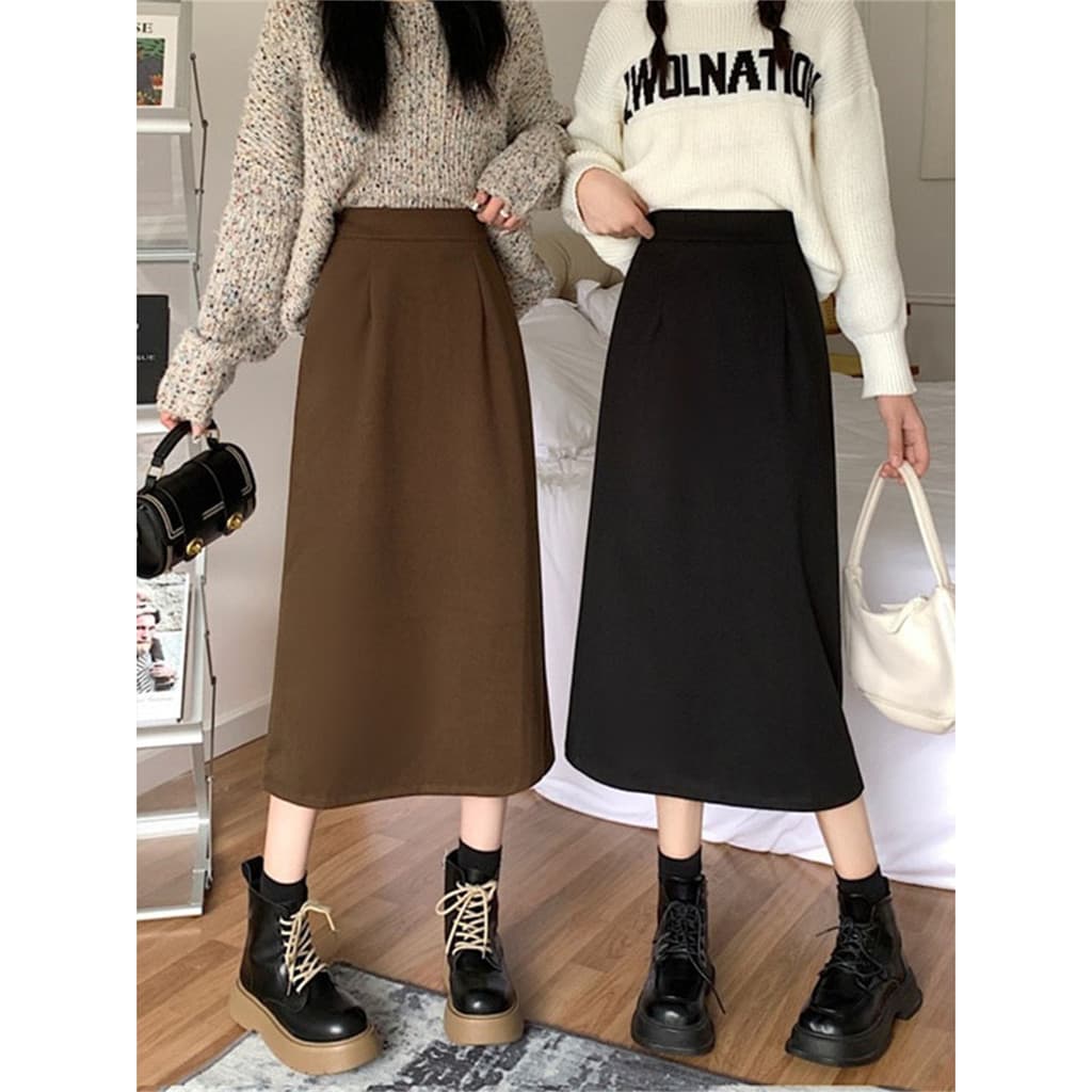 Saia marrom feminina primavera outono inverno 2026 cintura alta a linha dividida longa Melade usar saia de lã