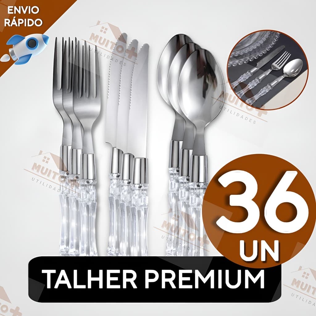 Conjunto Jogo de Talheres 36 Peças Facas Garfos Colher Cabo Transparente Cristal Acrílico Luxo