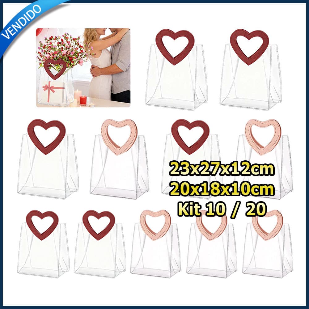 10/20 Saco de presente transparente em PVC com alças reutilizável saco em forma de coração festas cor tamanho opcional
