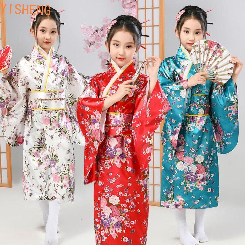 YISHENG Quimono Japonês Tradicional Infantil , Vestido Floral Estampado Elegante Para Crianças Sakura Girl