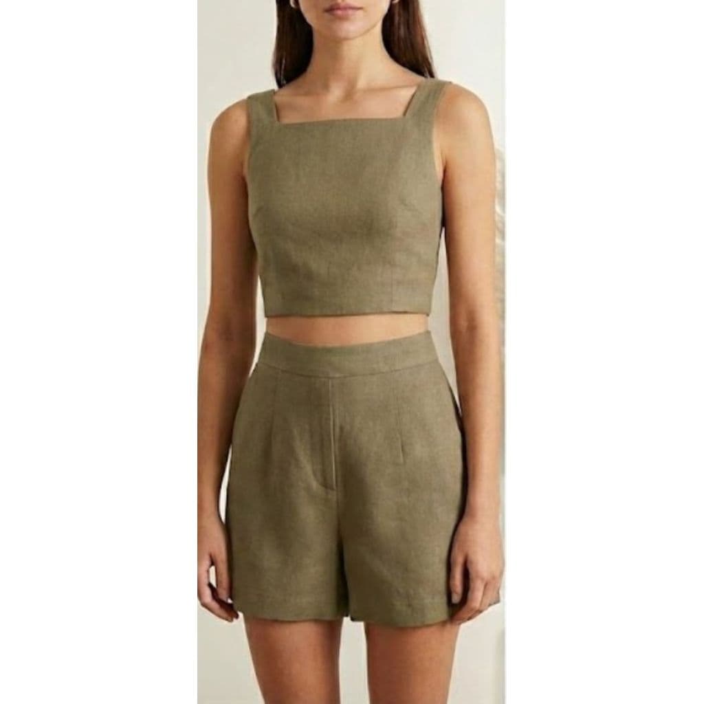 Conjunto Feminino Tipo Linho Cropped Gola Quadrada e Short Alfaiataria Cintura Alta Zíper M | Elegância em um só Look