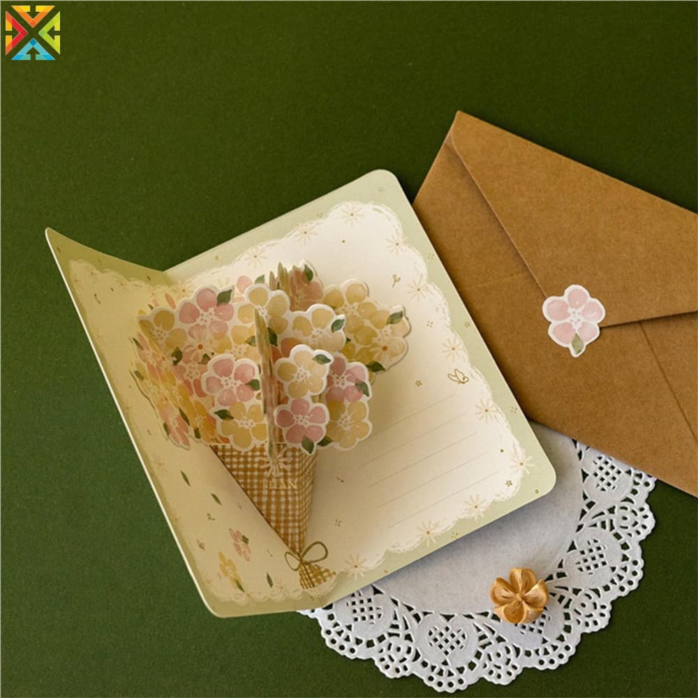 Cartão Pop-Up De Buquê De Flores 3D Com Envelope Design Floral Vintage Para Presente De Aniversário E Dia Dos Namorados