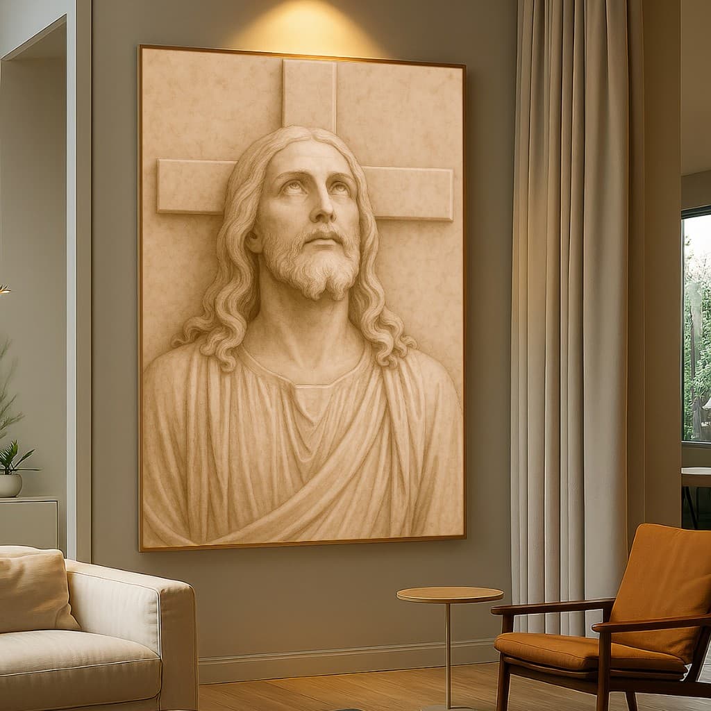 Quadro Decorativo GRANDE Alta Resolução Quarto Escritório Quadro Jesus com Cruz esculpido no marmore