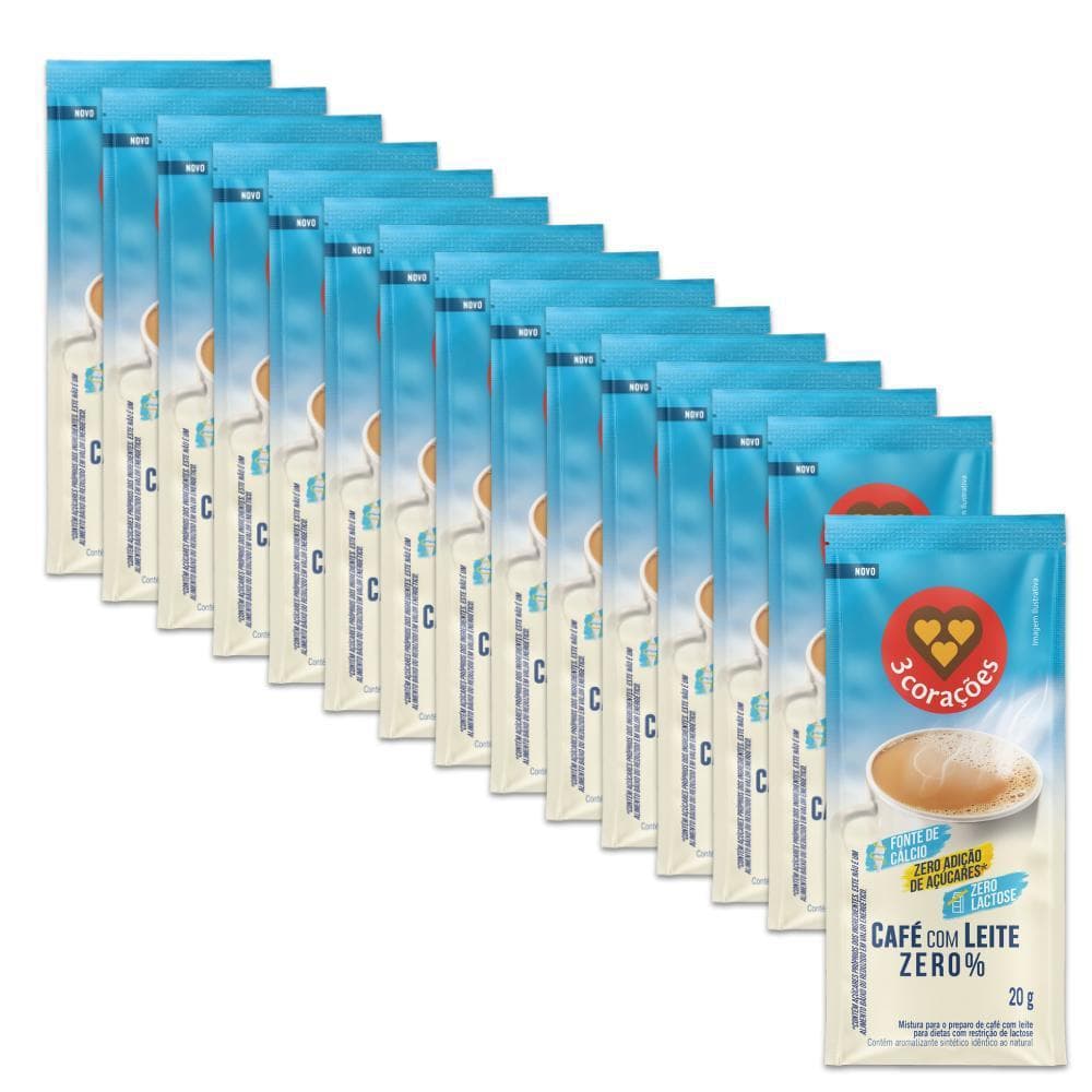 Café com Leite Solúvel Zero Três Corações Kit 15 Sachês 20g