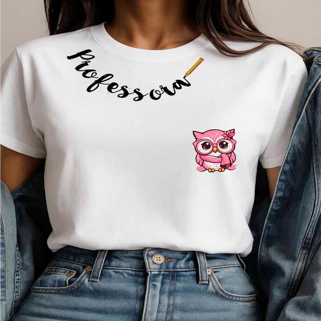 Camiseta Unissex Professora Coruja Rosa | Estampa Fofa e Educadora Premium
