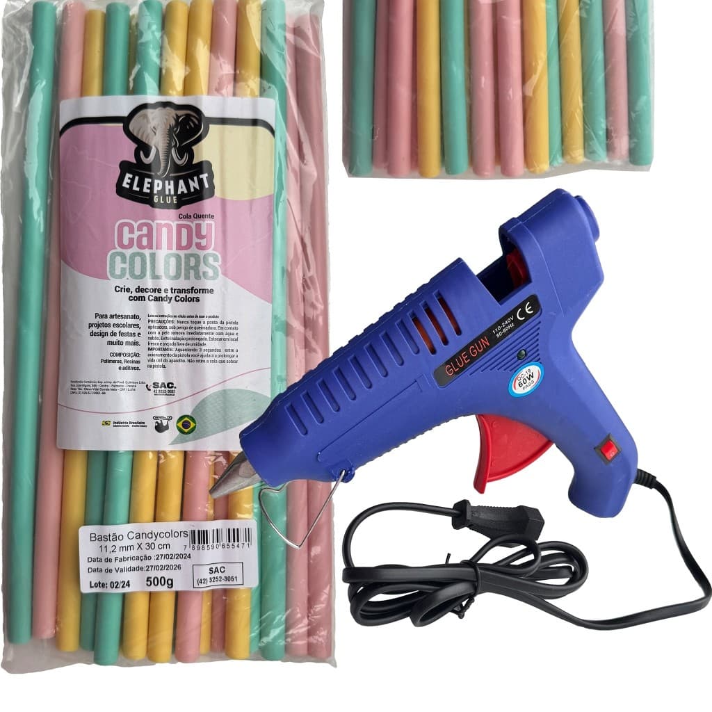 Kit Cola Quente Profissional – Pistola + 500g Bastões 11,2mm Candy Colors