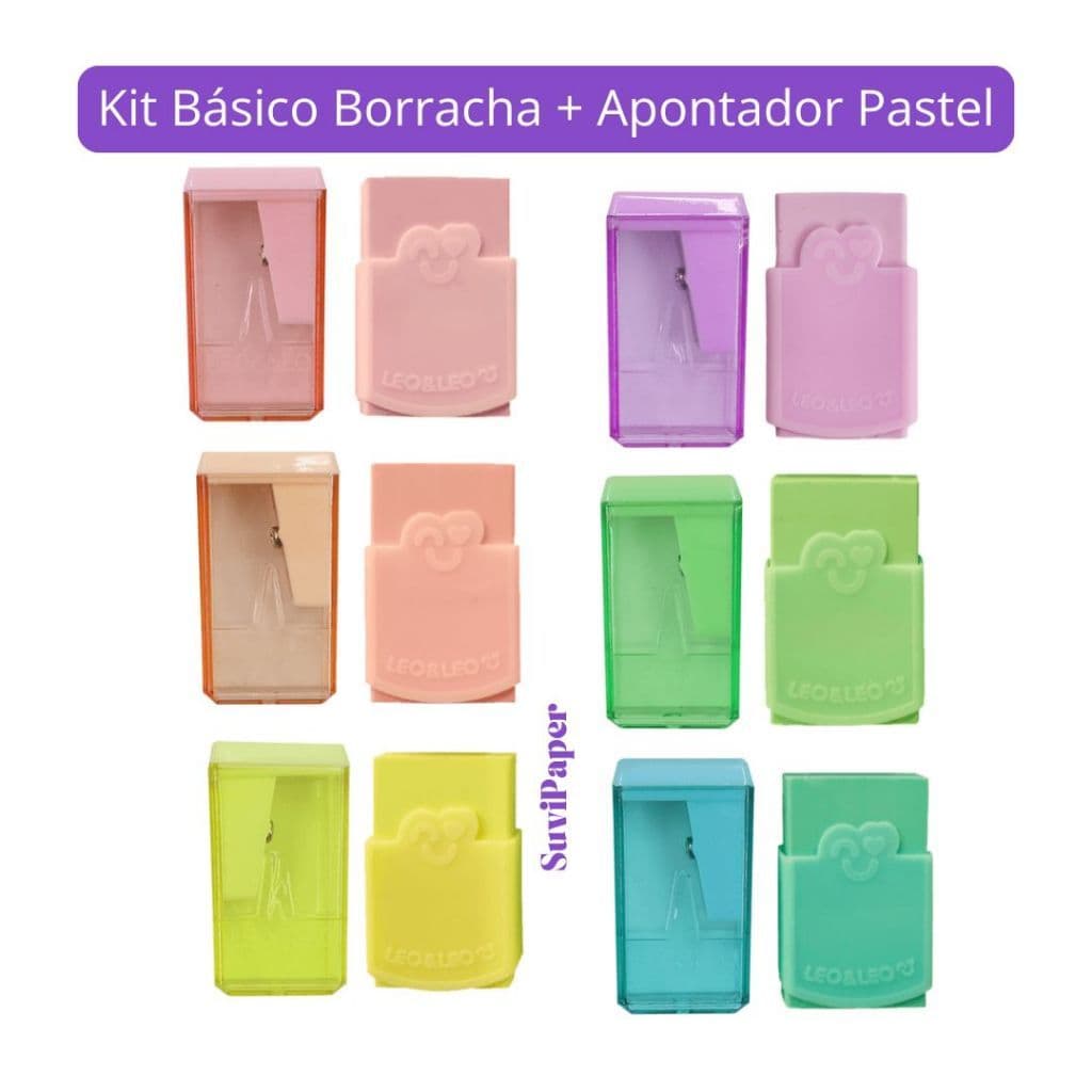 Kit Escolar Básico Apontador Pequeno com Depósito + Borracha com Capa Tom Pastel Léo e Léo