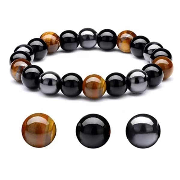 Pulseira Pedras Naturais Tripla Proteção Trio Sagrado Olho de Tigre Onix Hematita 8mm Masculina Feminina i25