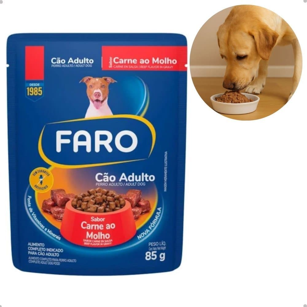 RAÇÃO ÚMIDA MARCA FARO FORMATO SACHE PARA CAES ADULTOS SABOR CARNE 18UNIX85GR