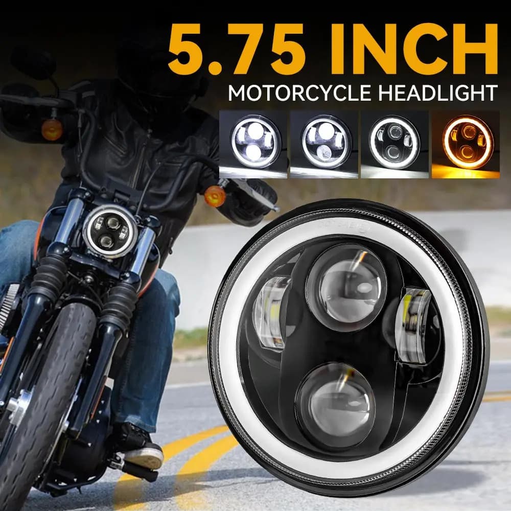 Farol LED de 5,75 para Harley Sportster 883 1200 Dyna Street Bob Softail com Anéis de Halo Preto e Projetor Angel Eyes