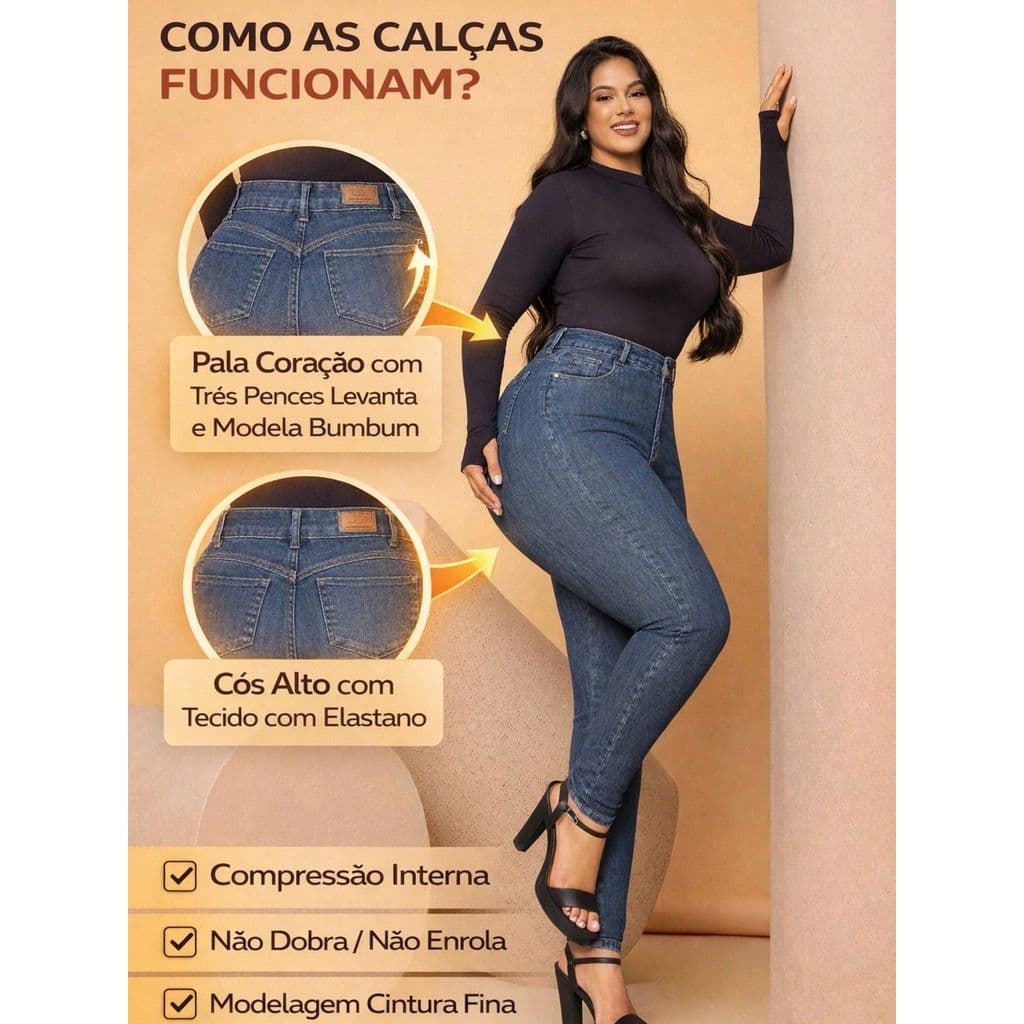 Calça Jeans Plus Size Cintura Alta Modeladora Lavagem Escura Modela Barriga