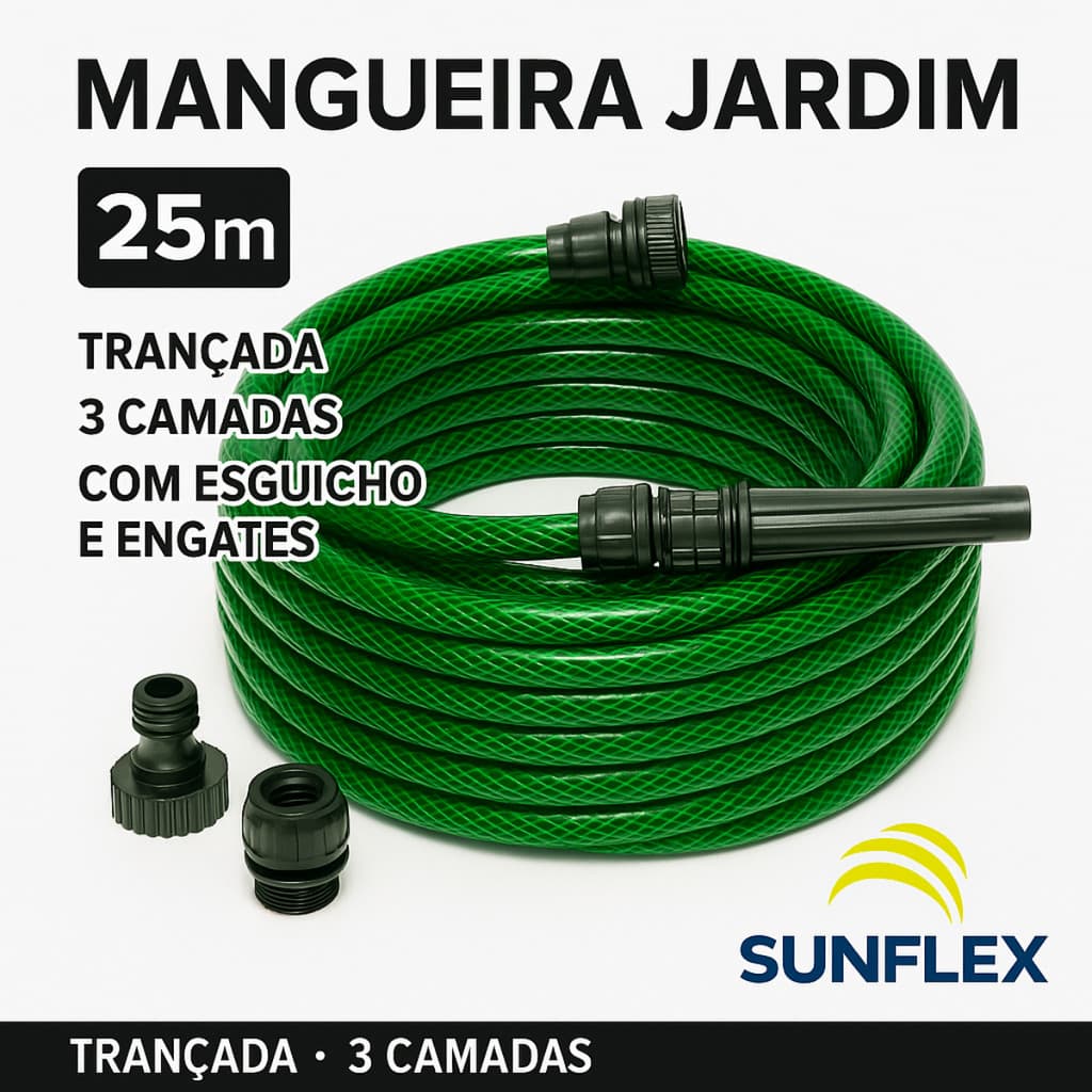 Mangueira Jardim 25 Metros 1/2 Sunflex Trançada com Esguicho Engates e Adaptador Torneira