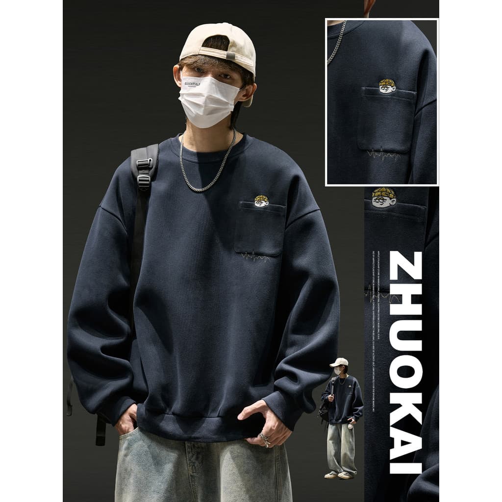 Estilo americano tridimensional bordado moletom masculino outono inverno perfil em torno do pescoço meninos roupas super