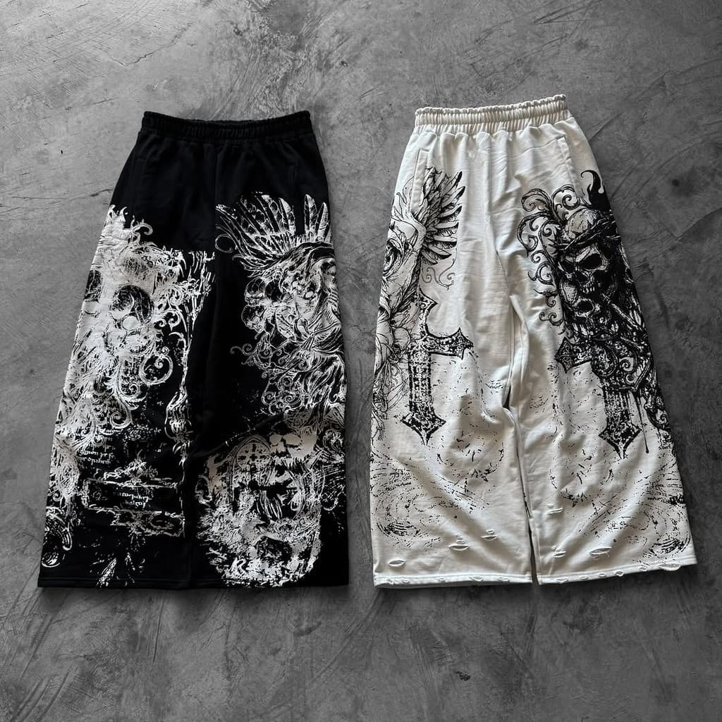 Y2K Retro Calças Casuais Punk Crânio Impressão Em Spray Direto De Chão Oversized Unisex Streetwear Moda Roupas Masculina