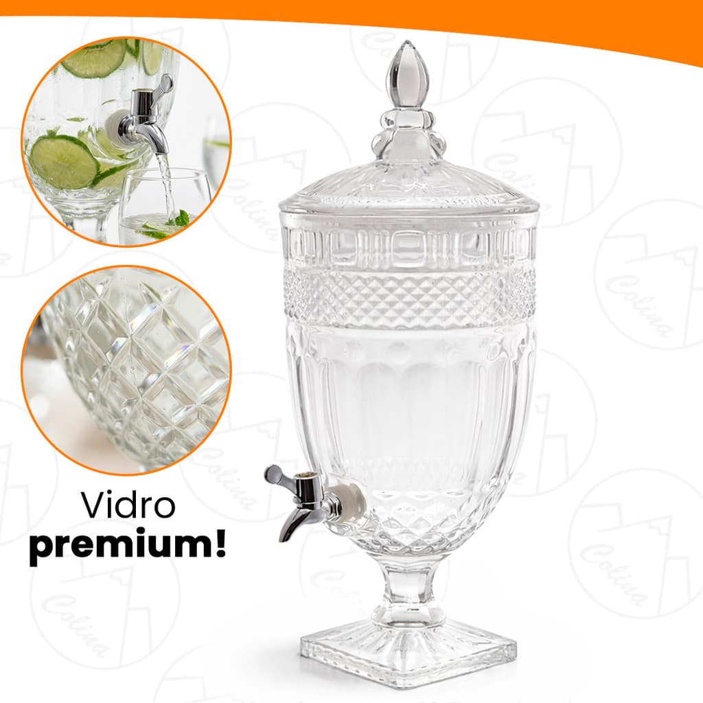 Suqueira Imperial 5 Litros Jarra De Vidro Cristal Com Torneora Dispenser Água Saborizada Sucos