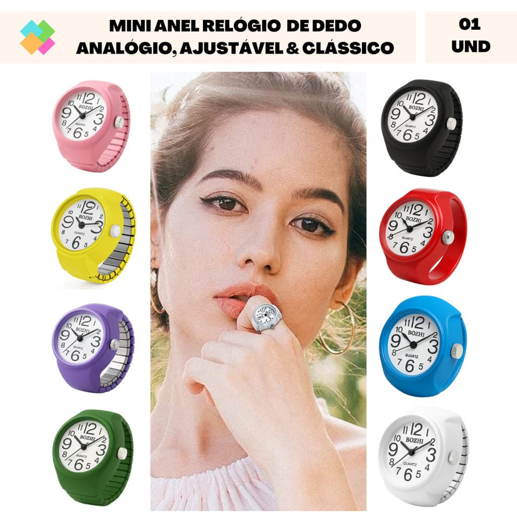 Mini Anel Relógio de Dedo Analógico, Ajustável e Clássico Color (1 Und)