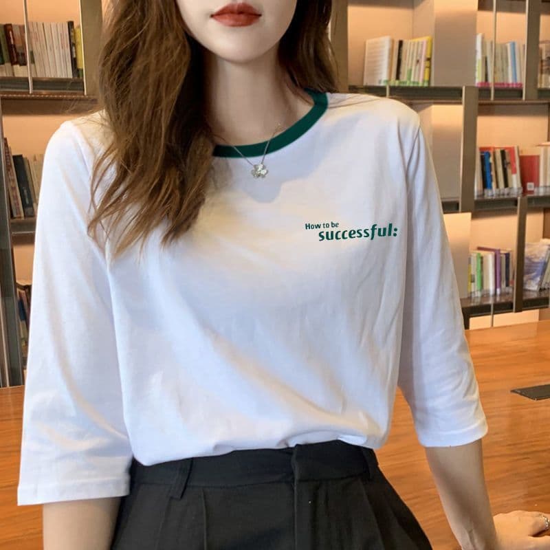 Camiseta branca de manga de três quartos feminina fina moda puro algodão All-Match mais magro olhar topo