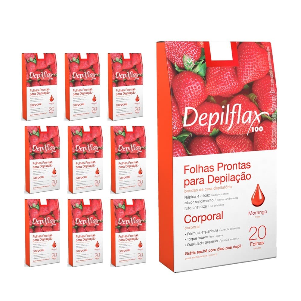 Kit 10 Caixas Folhas Depilatórias Prontas Depilação Corporal Pernas Depilflax Morango 20 Unidades