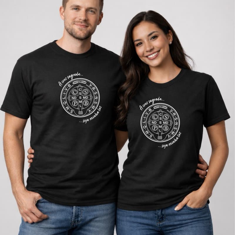 Kit 2 Camisetas Casal Medalha de São Bento Católica Unissex Algodão Premium Confortável