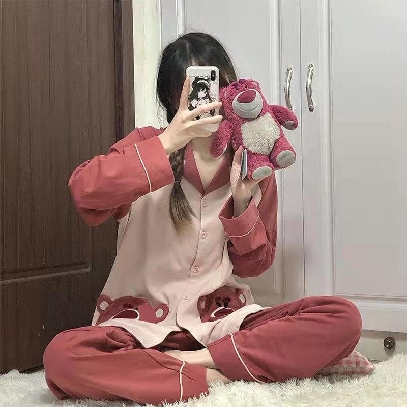 Pijamas femininos versão coreana doce bonito Cardigan de manga comprida meninas calças casuais Homewear terno