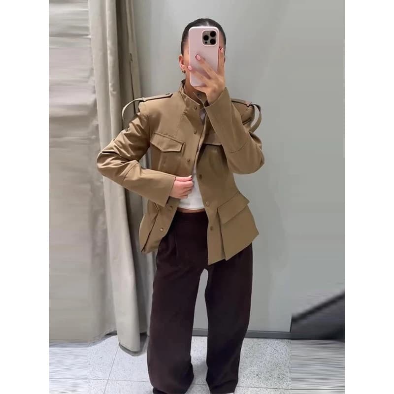 Jaqueta Feminina com Gola Alta, Manga Longa, Epaulettes, Alças nos Ombros, Múltiplos Bolsos, Blazer, Casaco para Escritó