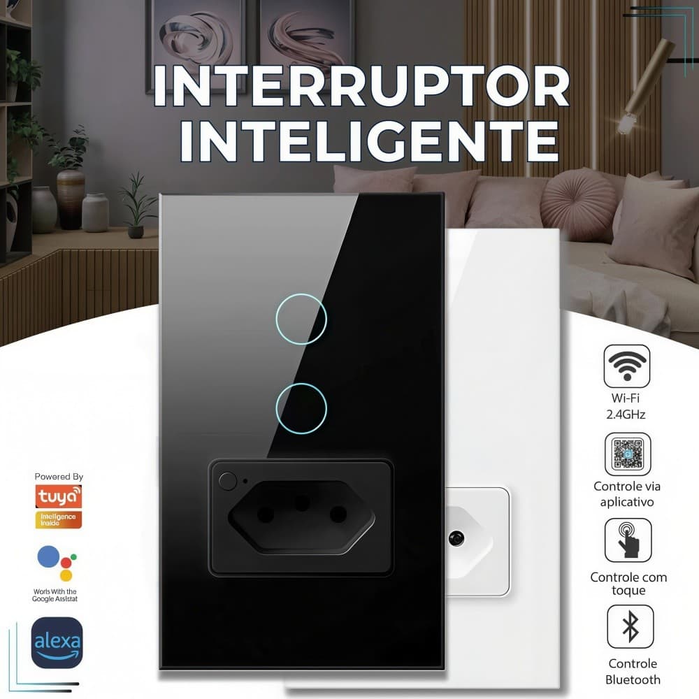 Interruptor Inteligente Wifi 1/2 Botão com Tomada - Controle por Voz Alexa Google