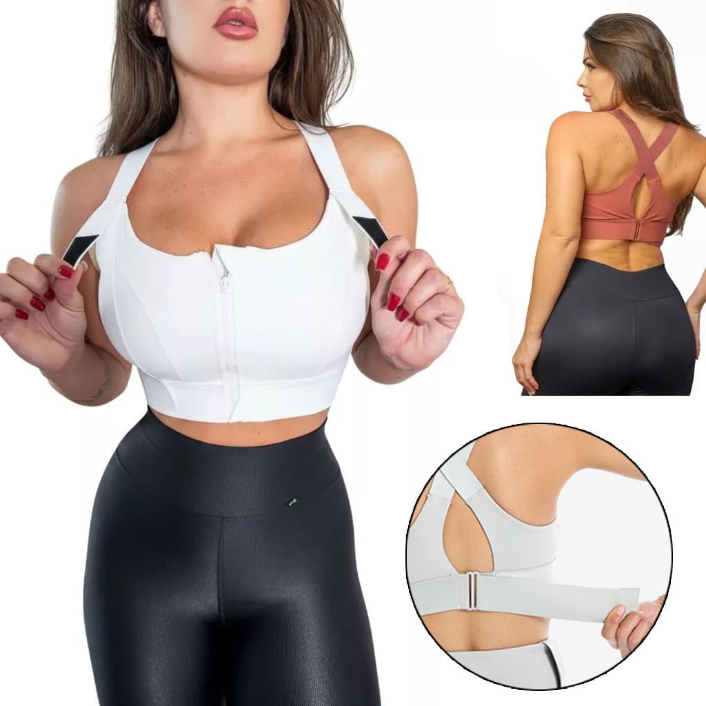 Top Academia Alta Sustentação Poliamida Feminino Sutiã Esportivo Ajustável Com Zíper Frontal Top Esportivo Para Ioga