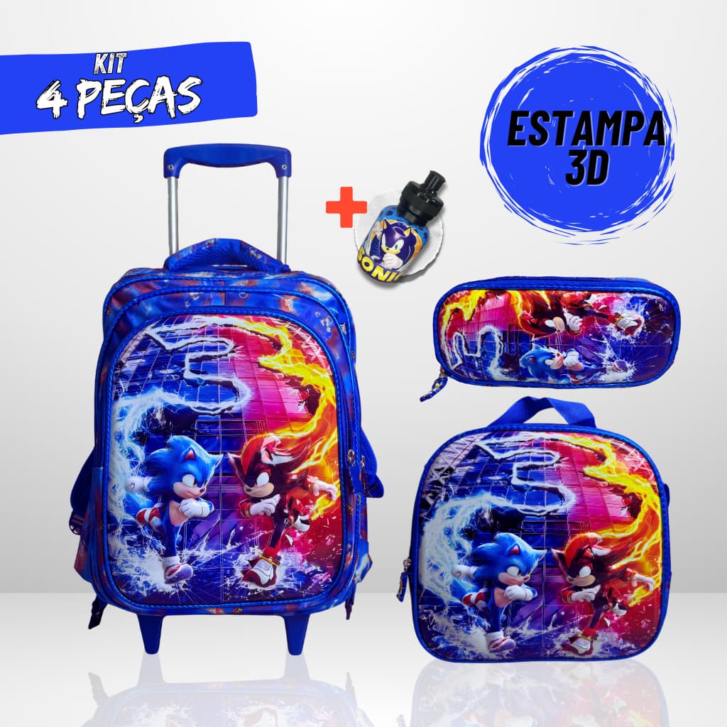 Mochila Escolar de Rodinha Sonic + Lancheira Térmica + Estojo + 3d