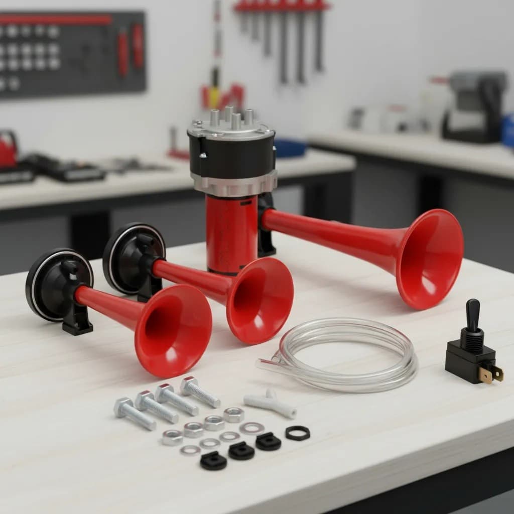 Buzina a Ar Verdureiro 3 Cornetas Compressor 12v Vermelha Klx