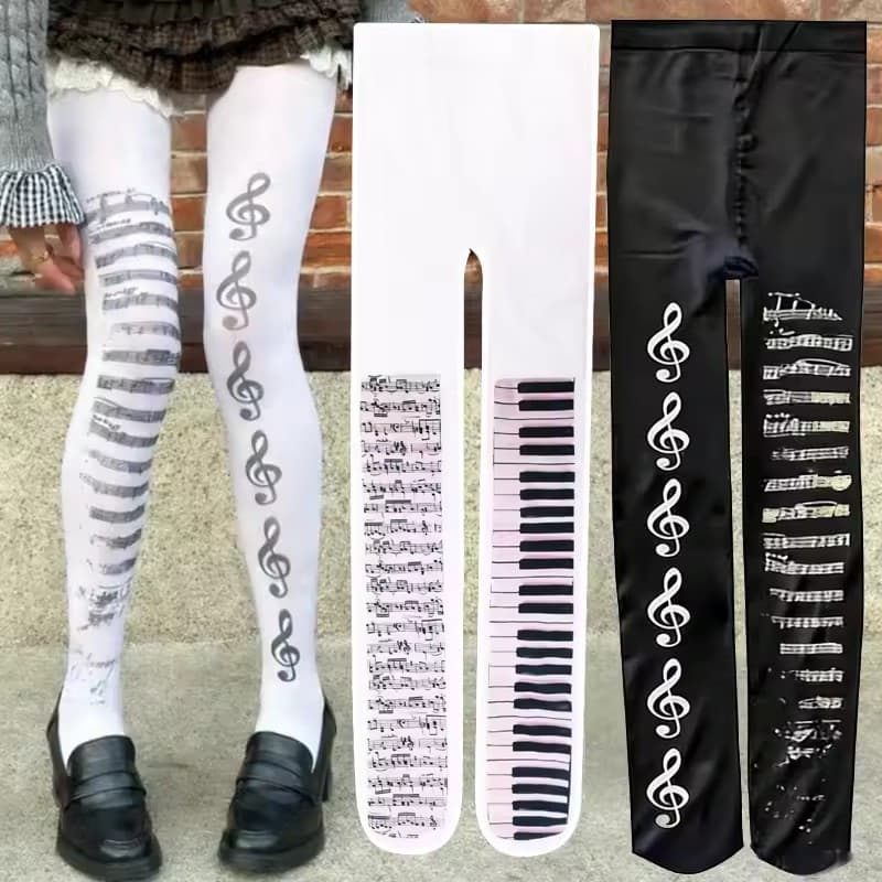 Y2K Music Note Print Meia-Calça Feminina Retrô Dos Anos 2000 , Meias Elásticas Com Poliéster Respirável Para Concertos ,