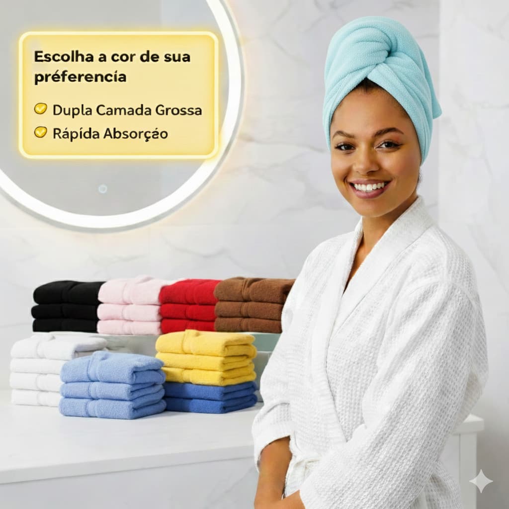 Kit 4 Toalhas Grossa Mágica Para Cabelo Secar Rápido Touca Banho
