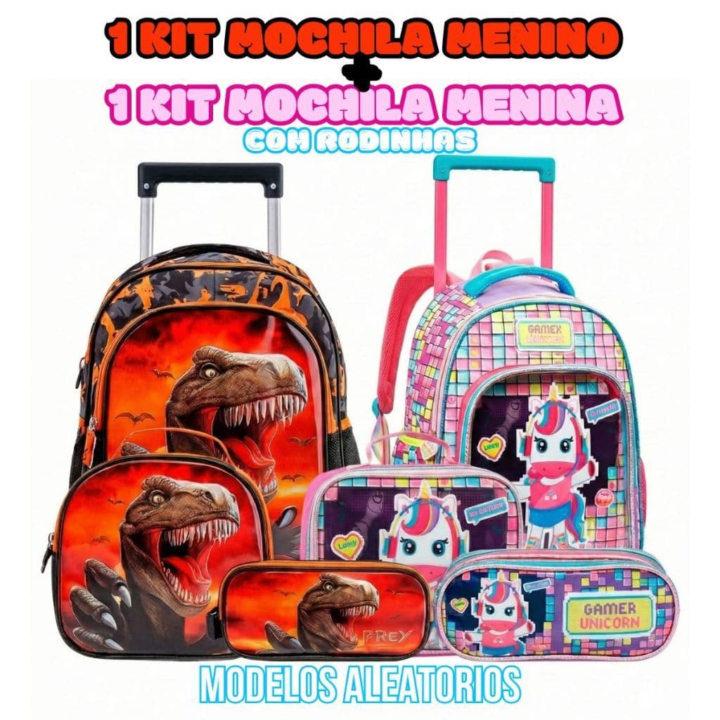 Kit Mochila Infantil Feminina e Masculina Com Carrinho + Lancheira + Estojo 2 Kits ALEATÓRIO